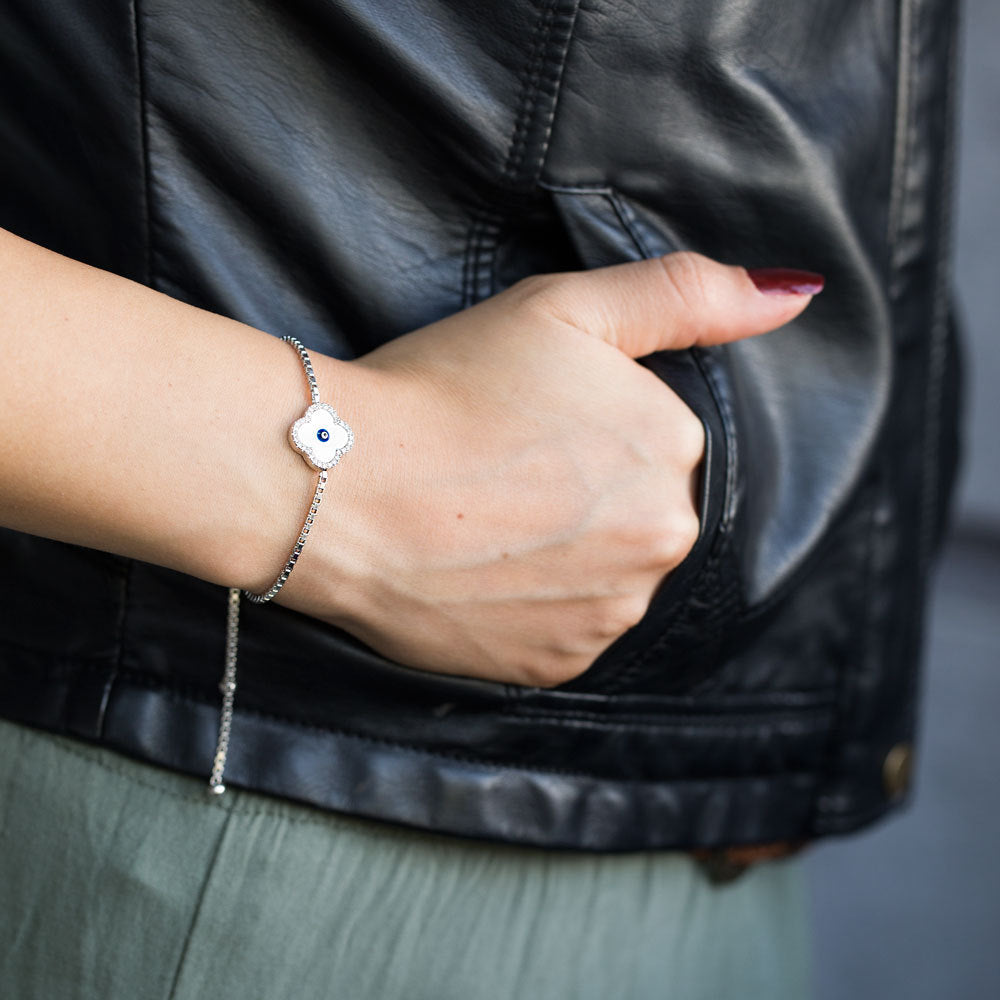 Bracelet Trèfle en nacre avec perle Evil Eye