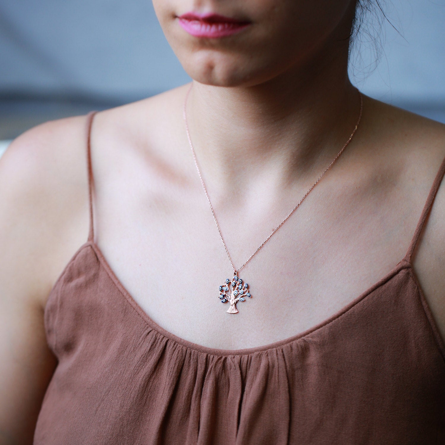 Collier pendentif "Arbre de vie" avec "Evil Eye" Or rose