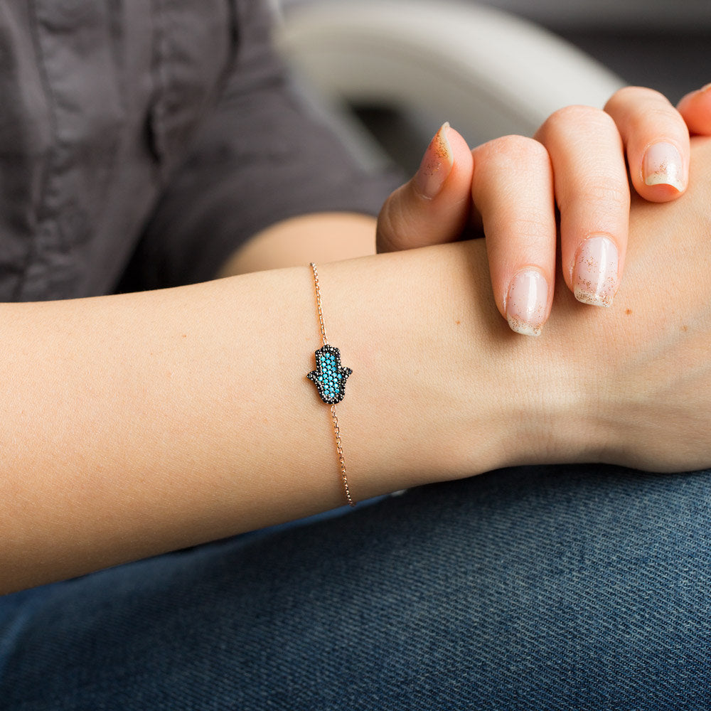 Bracelet Petite Main de Fatma en turquoise et noir